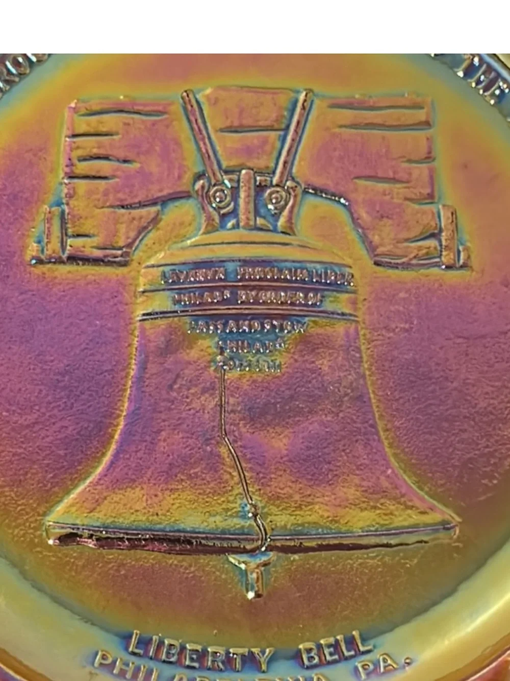 Vintage Indiana Glass Co. Liberty Bell Gold Carnival Glass Bicentennial Plate